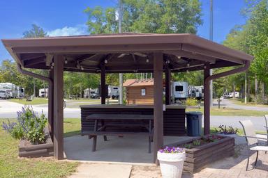 Covered picnic/gazebo structure with picnic tables and RV hookups visible behind it — useful to illustrate common-area seating and nearby RV sites (source: site homepage).