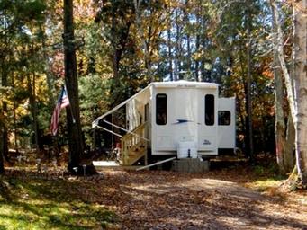 Photo of a single RV/park model set in a wooded campsite with an American flag — suitable campsite view from the site's 'Seasonal' and 'Gallery' context.