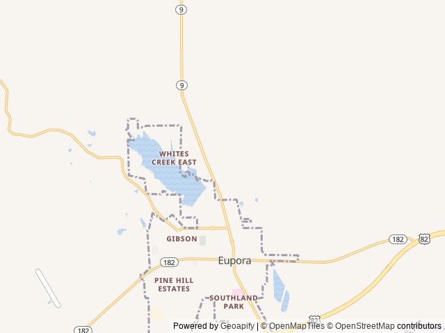 Map of Whites Creek Lake Campground location at Eupora, MS, United States