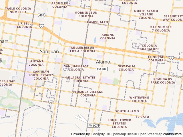 Map of Alamo Palms MH and RV Park location at Palmview, TX, United States