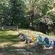 Sandy waterfront area with colorful Adirondack chairs facing a calm pond/river — good scenic feature of the campsite's water access (matches multiple gallery images on the site).