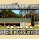 Framed image labeled 'CLUB HOUSE' showing a low building with lawn chairs and surrounding trees — useful depiction of an on‑site facility (clubhouse) from the property gallery.