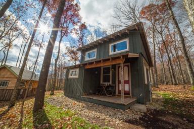 Another exterior cabin shot with surrounding trees and sunlight; offers a different angle and scale of on-site lodging for a varied gallery.