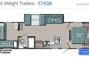 Camper with a queen living space and a bunkhouse.