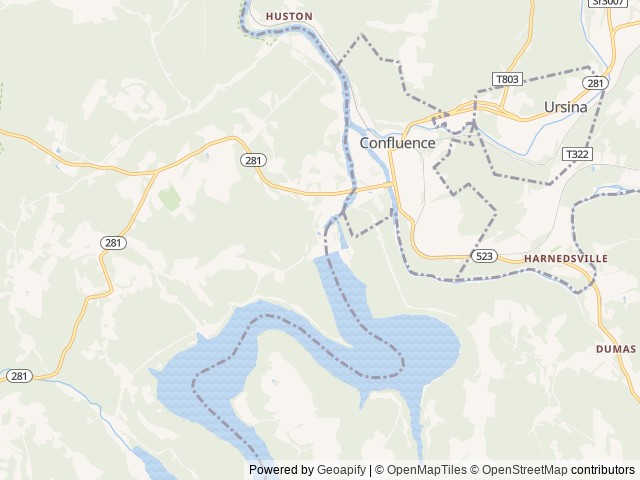 Map of Youghiogheny Recreation Area location at Confluence, PA, United States