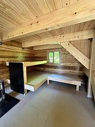Wood cabin interior with bunks