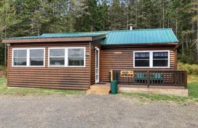 Small log cabin with green roof and deck
