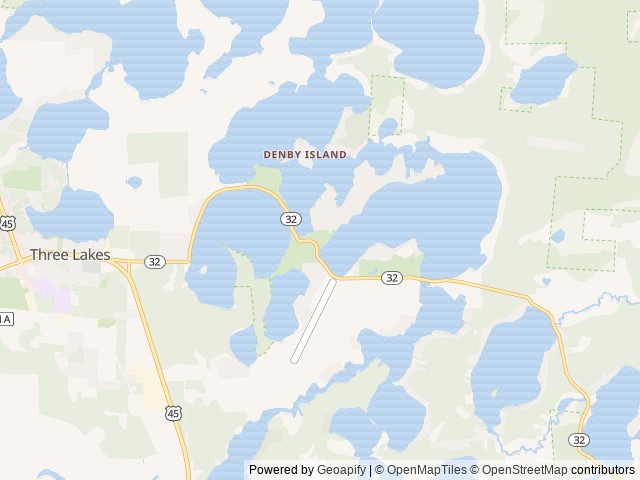 Map of Three Lakes Campground location at Three Lakes, WI, United States