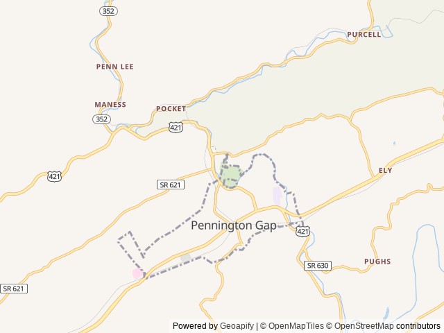 Map of Leeman Field RV Park and Campground, Pennington, Virginia location at Pennington Gap, VA, United States