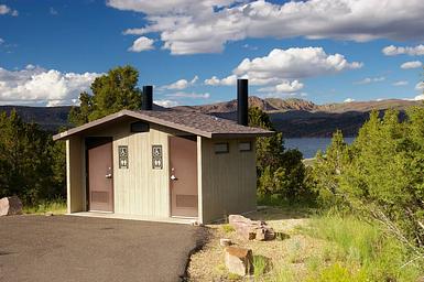 Restroom facilities at Cedar Springs Campground.  The lake can be seen in the background.