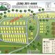 Map of Black Dog Acres RV park with campsites numbered 1-30, labeled roads including Leah's Way, Hero Lane, and Tillie Circle, a legend indicating various amenities like a playground, well house, apple orchard, picnic shelter, and more, contact informatio