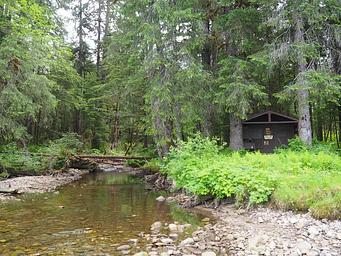 Eagle Lake Cabin with stream on side surrounded by trees