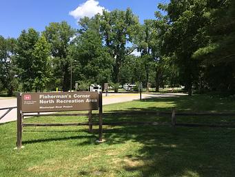Entrance sign for Fisherman's Corner North Recreation Area campground