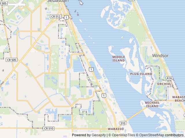 Map of Whispering Palms RV Resort (Age Restricted 55+) location at Sebastian, FL, United States