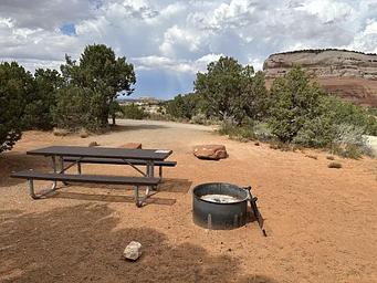 A campsite with metal picnic table and fire ring surrounded by pinyon and juniper trees and tall sandstone cliffs in the background.