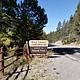 A campground sign with the words Black Canyon with a road and trees in the background.