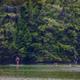 Wide lake/pond view with people paddleboarding near a tree-lined shore — good aerial/overview-style scenic shot of the property water feature (used as pond background on the site).
