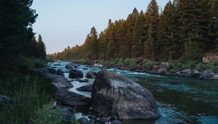 River scene with rocky banks and forested edges — depicts the on‑property river/stream environment referenced on the resort site and useful for scenery/activities (fishing, rafting).