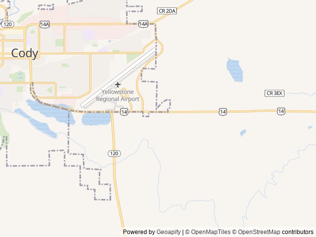 Map of Cody / Yellowstone East KOA Holiday location at Cody, WY, United States