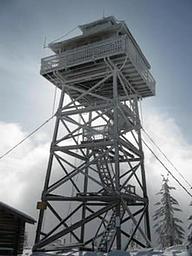 A tall lookout stands in the snow with stairs.