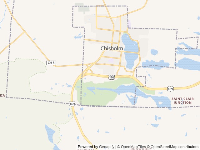 Map of Fairgrounds and Redhead Camping location at Chisholm, MN, United States