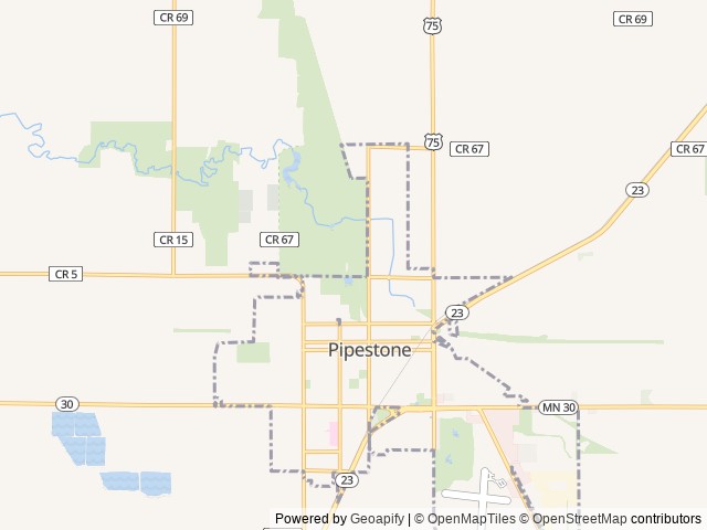 Map of Pipestone Family Campground location at Pipestone, MN, United States