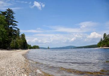 Shoreline/beach view with water and tree-lined horizon — useful to show waterfront access and beach area at the campground.
