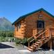 Front/exterior view of a single raised log cabin with stairs and surrounding gravel seating area — useful close exterior detail of cabin entrance and site amenities (used as a property background image).
