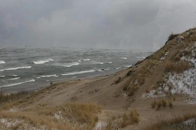 Winter Waves at Central Beach under a Gray Sky. Campsites are closed in winter.