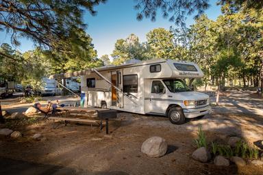 Clear photo of an individual RV campsite with picnic table, grill and surrounding trees — useful detail of RV site amenities and setting on the property page.