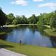 Ground-level view of the property pond with grassy shoreline and a person fishing — useful for showing the waterfront recreation area (appears on the site’s photos/background images).