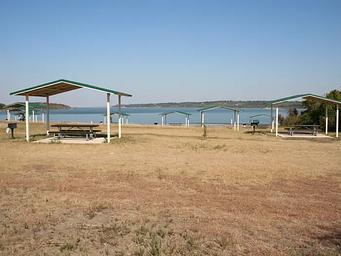 Covered picnic tables in the Twin Bridges Day Use Area