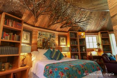 Interior bedroom (Biblioteque) with bed, built-in bookshelves and decorative lighting — showcases interior character and guest accommodations from the treehouses page.