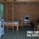 Interior photo of a small cabin showing kitchenette, bed and seating—useful for rental unit details shown on the Cabin Rental page.