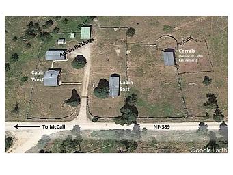 Aerial view of the Paddy Flat Guard Station Cabin compound showing administrative buildings, and corrals