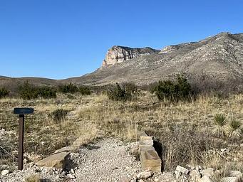 Foothills trail leading away form the Frijole Horse Corral Campground.  El Capitan mountain is visible in the background.