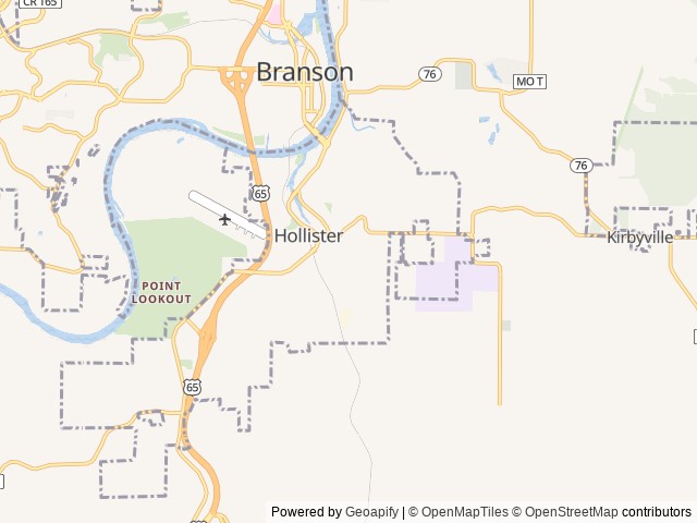 Map of Hidden Valley RV Park location at Hollister, MO, United States