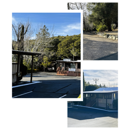 Collage including the campground office/building, paved parking/drive area and adjacent gravel campsites/paths — shows facilities and layout of Pinezanita Campground as presented on the site.