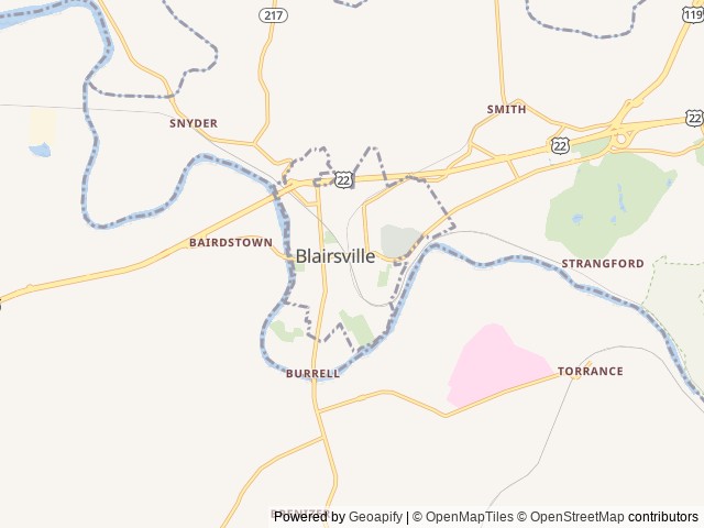Map of Rock Creek RV Park Center Township location at Blairsville, PA, United States