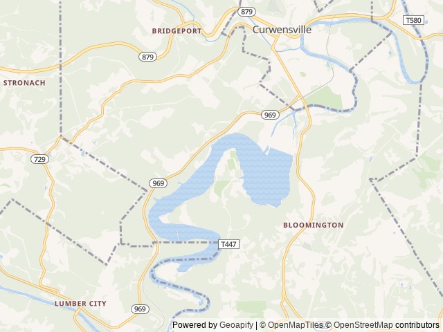 Map of Curwensville Lake location at Curwensville, PA, United States