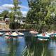 Pedal boats on the water with shoreline, docks and campers in background — illustrates water recreation amenities listed on the property pages.