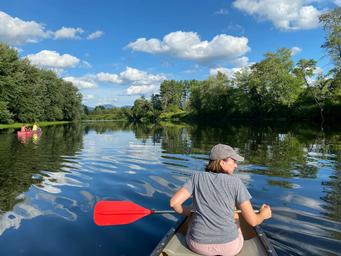 Kayaks on the Connecticut River by the 60-foot dock at Riverside Camping & RV Resort