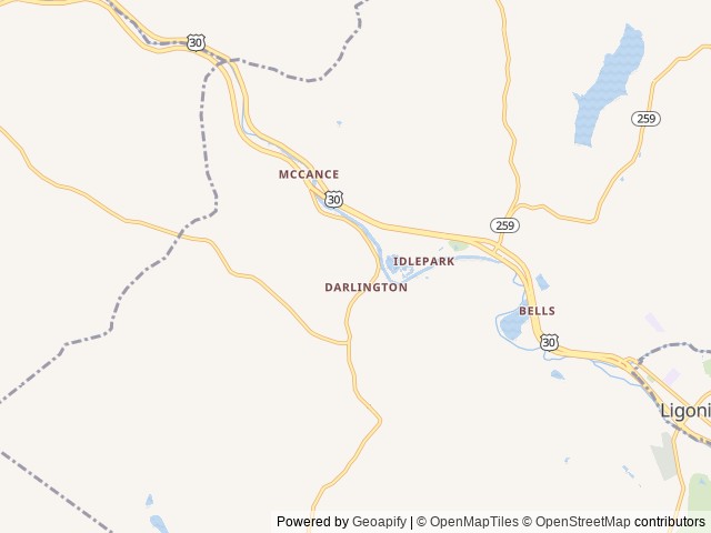 Map of Falling Waters Campground home of Buttermilk Falls location at Ligonier Township, PA, United States