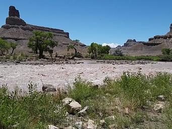 A photo looking across a river rapid to low buttes on the other side