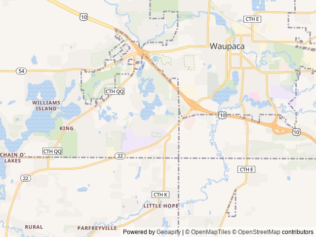 Map of Waupaca S'more Fun Campground location at Waupaca, WI, United States