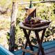 Wooden table with charcuterie, champagne, and a view.