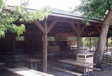 Covered picnic pavilion with multiple picnic tables — useful image of communal facilities available at the campground (visible on the resort's page).