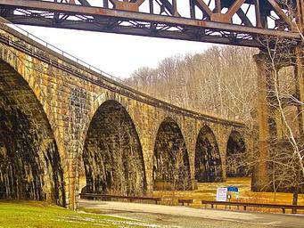 Outflow kayak/ canoe launch to the Conemaugh River. Also photo of 1907 Railroad bridge.