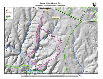 Map of the Chopawamsic Backcountry Area with campsites and vault toilet labeled