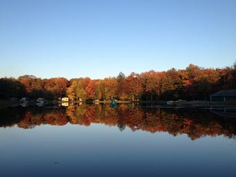 Scenic lake reflection at sunrise/sunset with tree-lined shore and docks — good for showcasing the campground's natural scenery and waterfront appeal (source: Visit Us page).